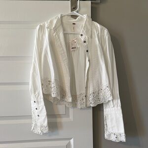 Free People White Button Down Shirt with Lace Trim